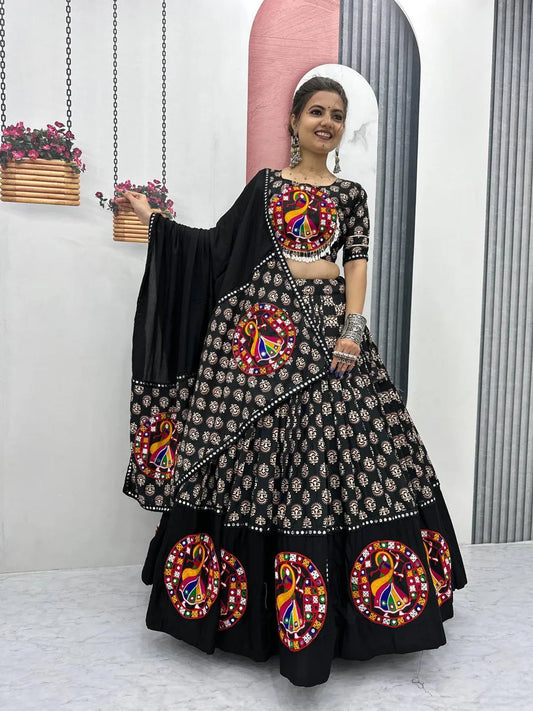 Women's Ethnic Navratri Black Lehenga Choli with Embroidered Blouse & Bandhani Dupatta