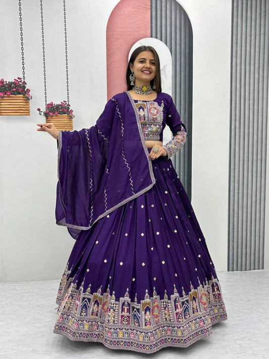 Women's Ethnic Navratri Purple Lehenga Choli with Embroidered Blouse & Bandhani Dupatta