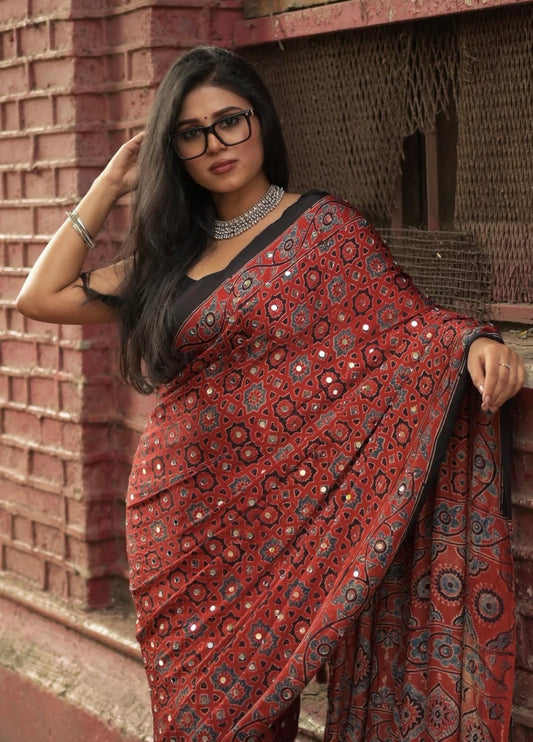 Rooh Rusty Red 'Sheesha' Ajrakh Saree with unstitched blouse