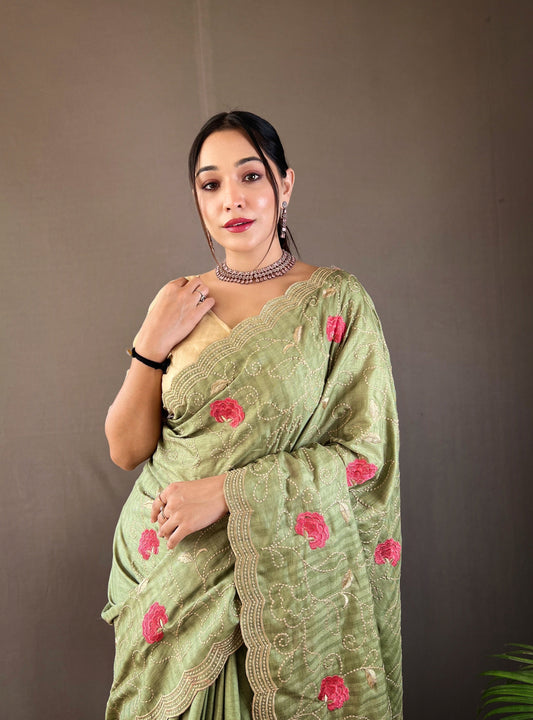 Green Color Tussar Silk Saree with Floral Embroidery Jaal Work Saree
