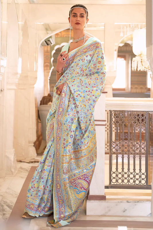 Stylish Sky Colour Soft Handloom Weaving Silk Saree With Blouse