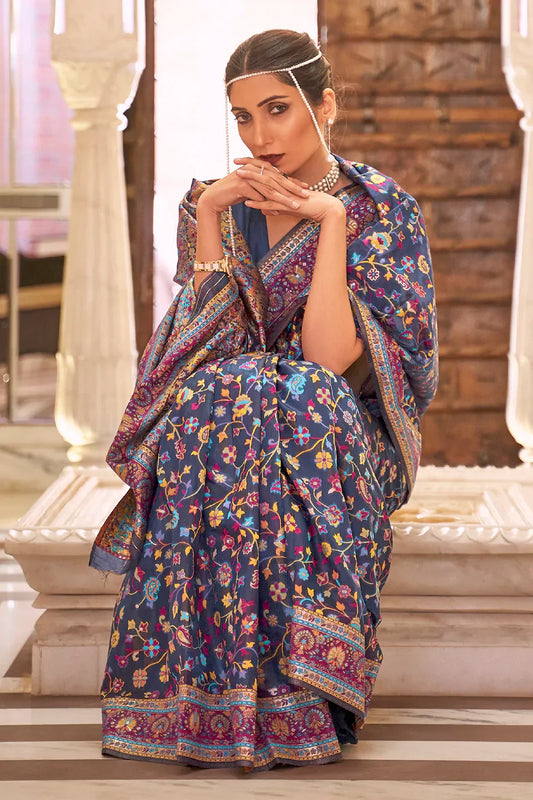 Stylish Blue Colour Soft Handloom Weaving Silk Saree With Blouse