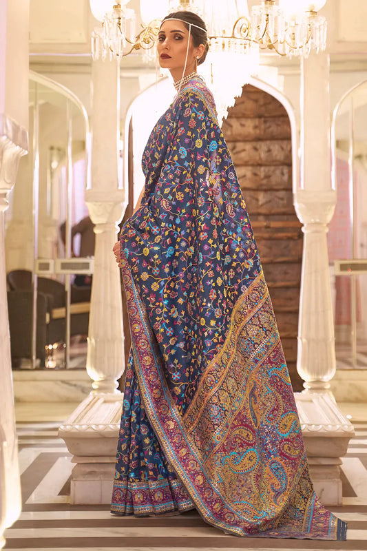 Stylish Blue Colour Soft Handloom Weaving Silk Saree With Blouse