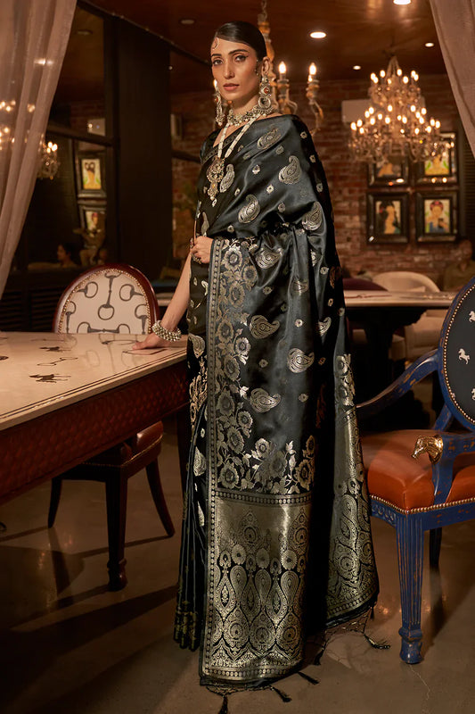 Black Pure Satin Handloom Weaving Saree