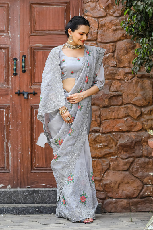 Grey Chiffon Saree With Flower Embroidery And Cut work