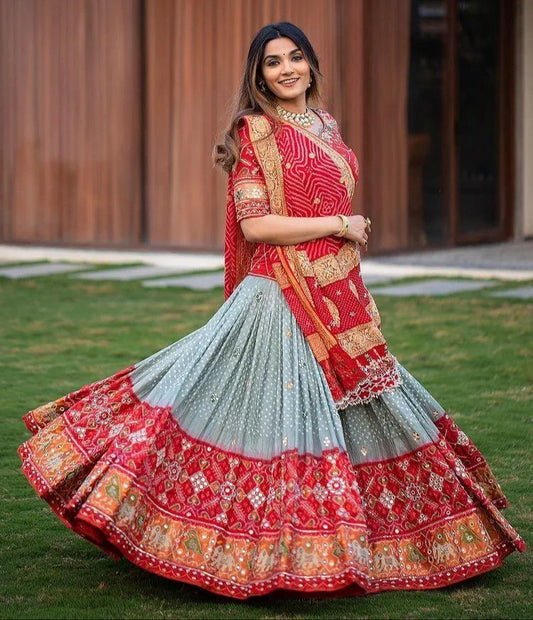 Gray And Red Graceful Mirror Work Lehenga Choli with Designer Dupatta for Festive Ethnic Wear for Women