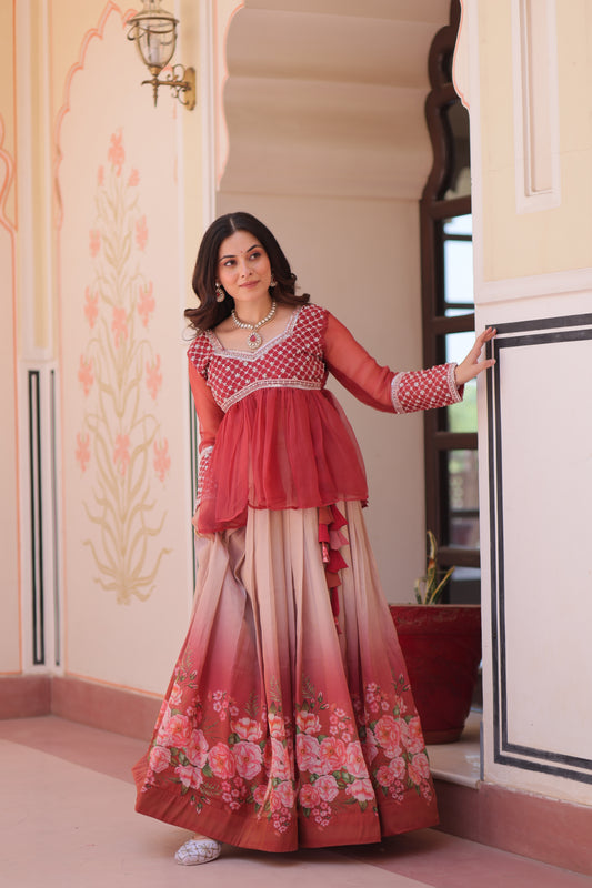 Gajri Elegant Floral Cosmos Print Lehenga Set with Embroidered Peplum Top