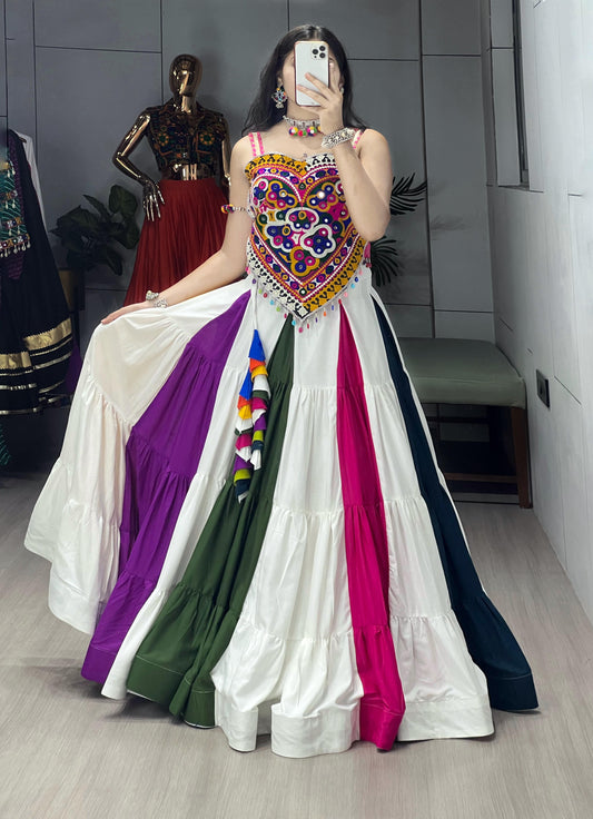 White Multicolor Gamthi Work Navratri Lehenga – Frilled Kali Pattern with Real Mirror Work