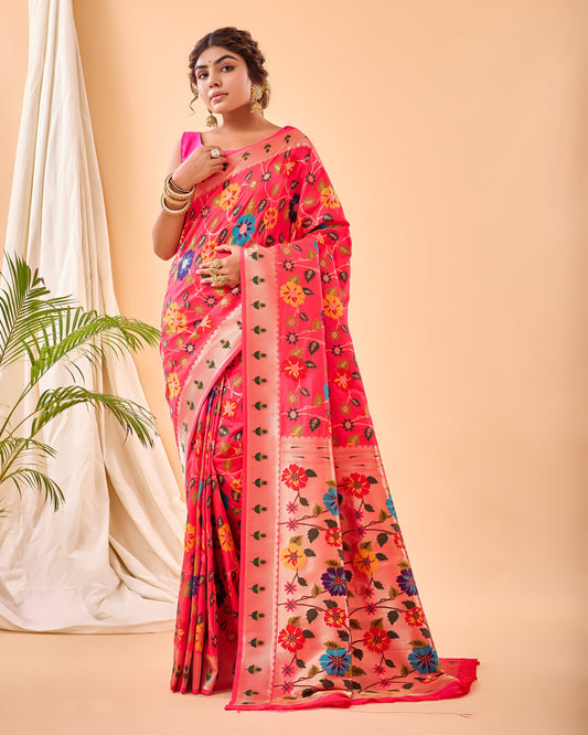 Pink Kashmiri Pashmina Jaal Silk Woven Meenakari Work Saree