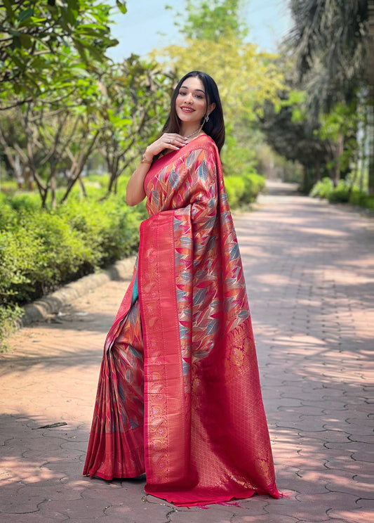 Pink Kanjivaram Silk Saree With Intricate Blouse Piece