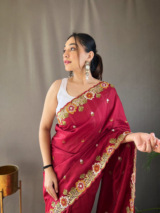 Red Pure Tussar Silk Embroidery Work Saree