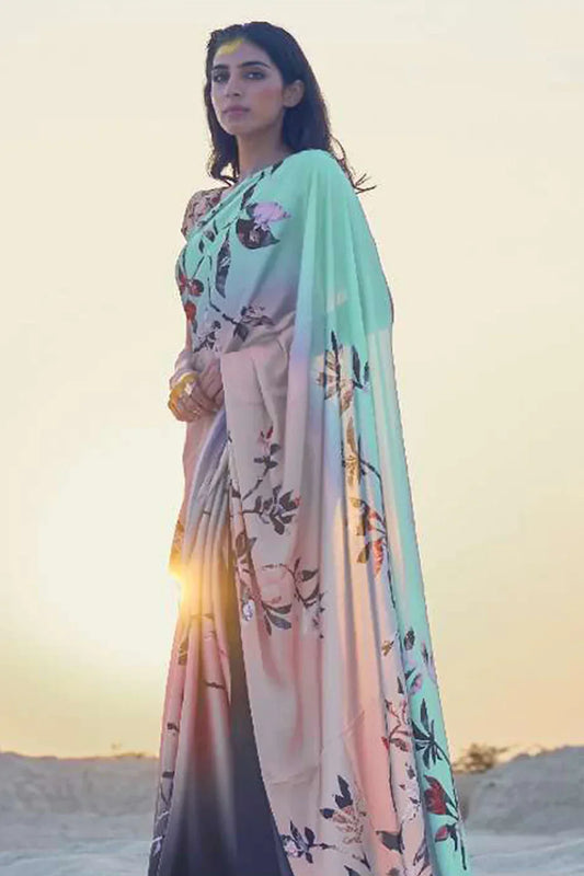Pastel Blue And Pink  Color Polka Dot Pure Sattin Crepe Saree And Digital Print Blouse