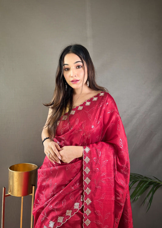 Red Color Floral Embroidered Silk Blend Saree
