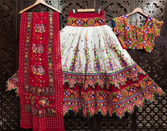 White Pure Reyon Cotton Kutchi Embroidery Work Fully Stiched Navratri Lehenga Choli