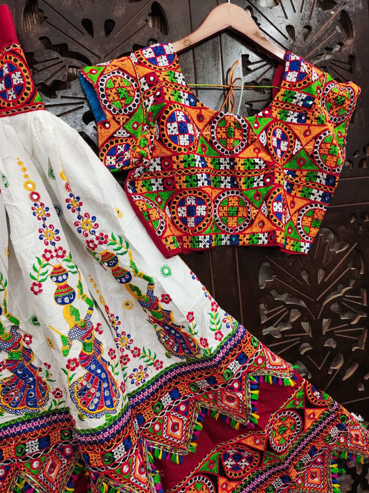 White Pure Reyon Cotton Kutchi Embroidery Work Fully Stiched Navratri Lehenga Choli