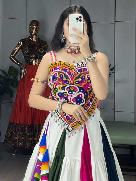White Multicolor Gamthi Work Navratri Lehenga – Frilled Kali Pattern with Real Mirror Work