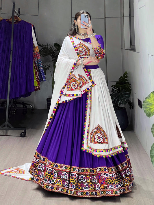 Purple & White Traditional Gamthi Work Navratri Lehenga – Real Mirror Work with Layer Patta Border