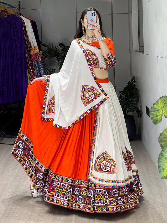 Orange & White Traditional Gamthi Work Navratri Lehenga – Real Mirror Work with Layer Patta Border