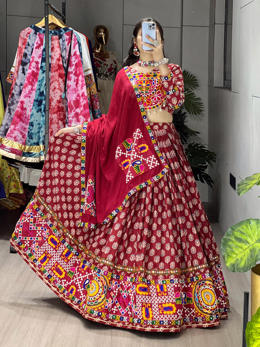 Maroon Azarakh Print Navratri Lehenga – Pure Rayon Cotton with Real Mirror Work & Designer Border