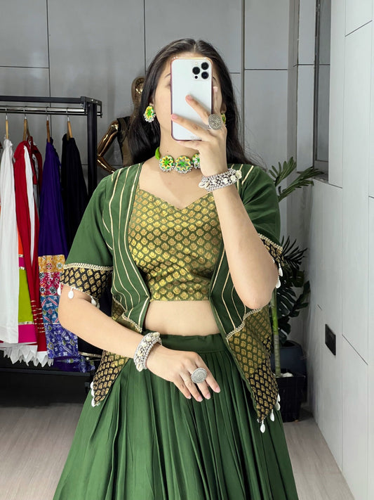 Mehendi Green Pure Rayon Cotton Navratri Lehenga – Silk Butti Work with Designer Daaman Border