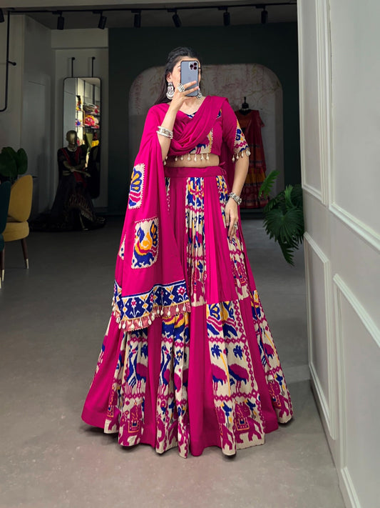 Rani Pink Rayon & Printed Silk Navratri Lehenga Choli with Gota Patti & Cowrie Shell Lace