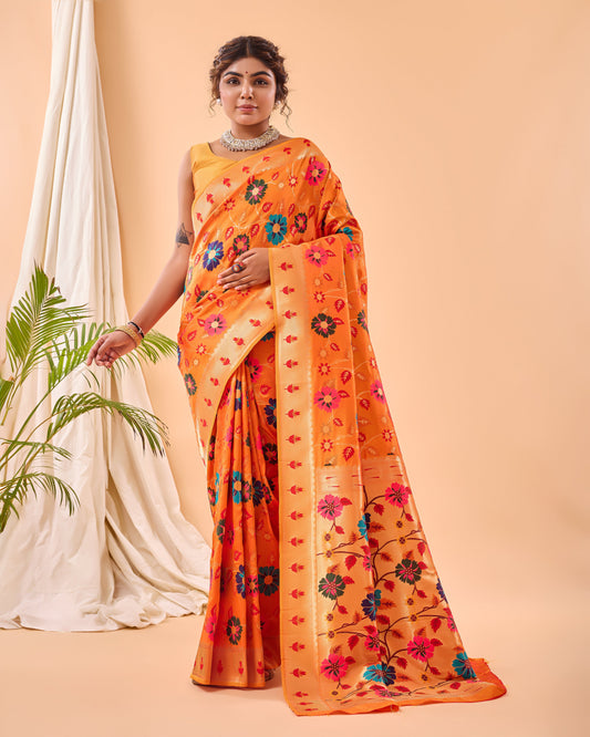 Yellow Kashmiri Pashmina Jaal Silk Woven Meenakari Work Saree