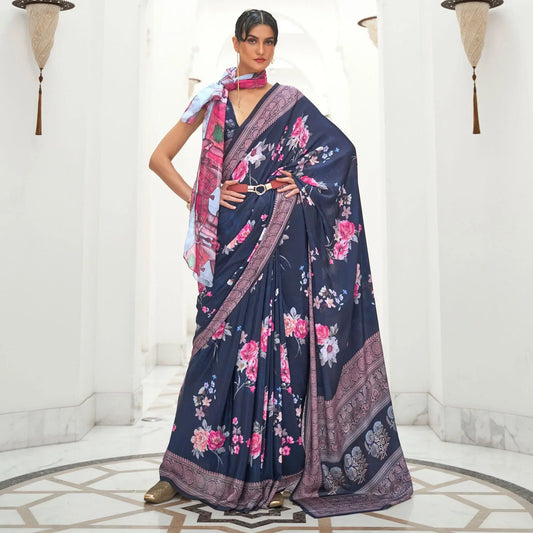 Blue Partywear Floral Digital Printed Silk Saree