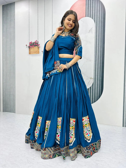 Women's Ethnic Navratri Blue Lehenga Choli with Embroidered Blouse & Bandhani Dupatta
