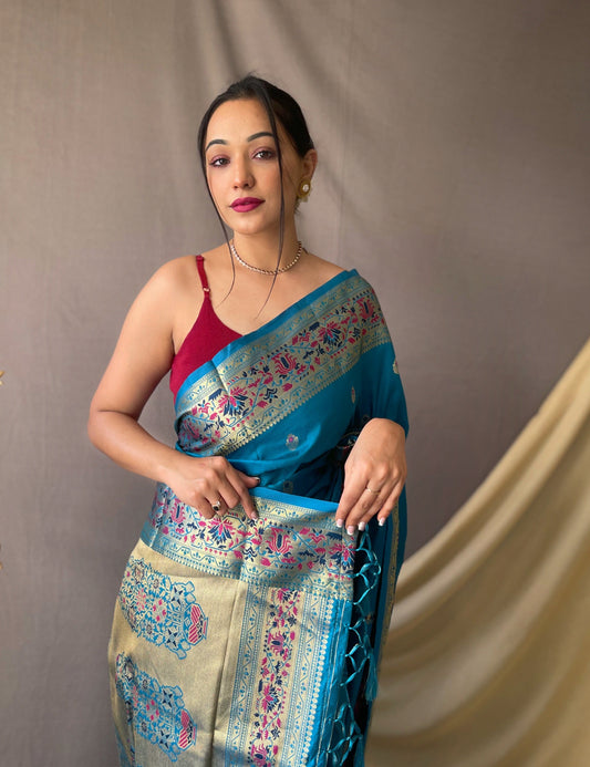 Firozi Color Floral Woven Design Zari Paithani Saree