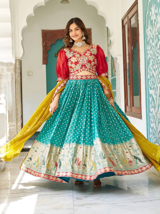 Women's Ethnic Navratri Teal Green Lehenga Choli with Embroidered Blouse & Bandhani Dupatta