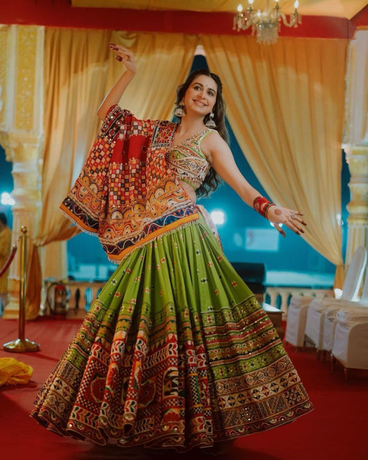 Green Multicolor Fancy Digital Print With Real Mirror Work Navaratri Lehenga Choli