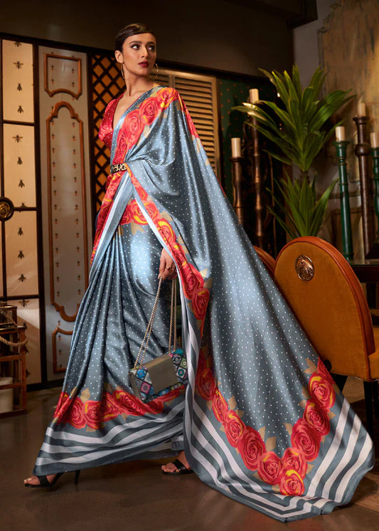 Shadow Grey And Red Printed Satin Silk Saree