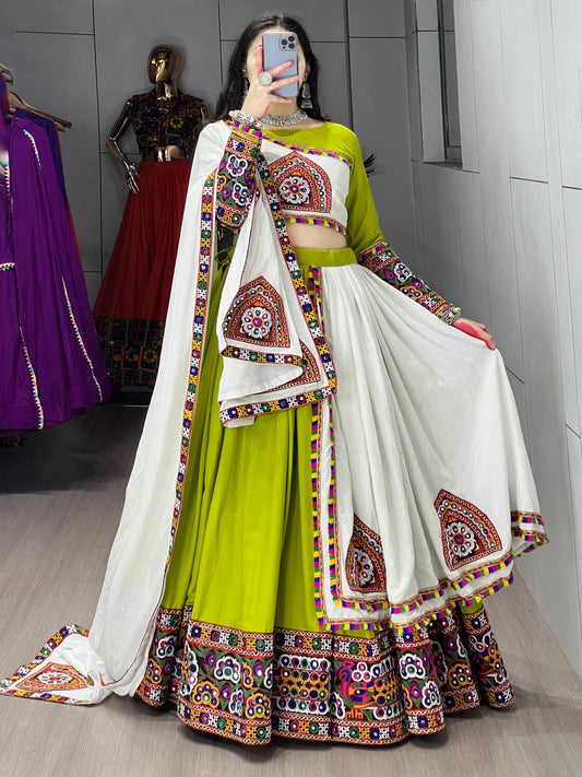Parrot White Traditional Gamthi Work Navratri Lehenga – Real Mirror Work with Designer Layer Patta Border