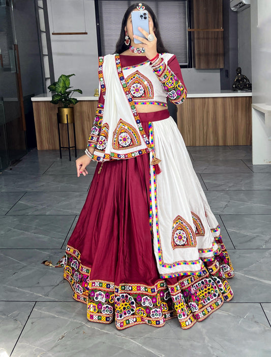 Maroon & White Traditional Gamthi Work Navratri Lehenga – Real Mirror Work with Layer Patta Border