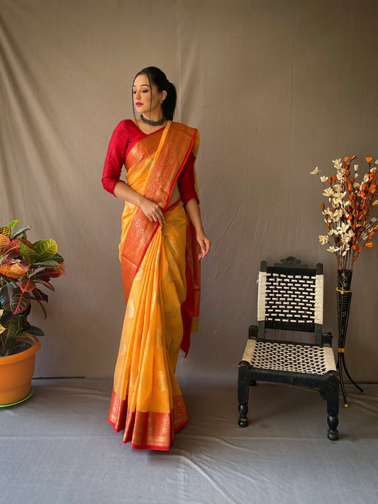 Orange Soft Linen Weaving Sarees With Contrast Weaving Border And Pallu. Paired With Contrast Unstitched Blouse