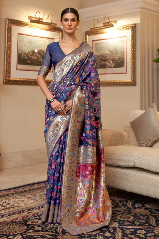 Midnight  Blue Kashmiri Modal Handloom Weaving Saree