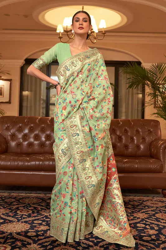 Mint Green Kashmiri Modal Handloom Weaving Saree