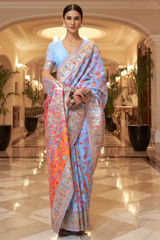 Sky Blue Kashmiri Modal Handloom Weaving Saree