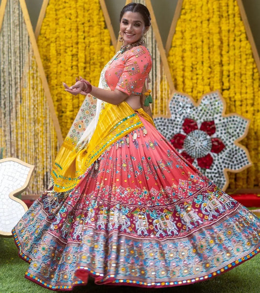 Peach Shaded Graceful Mirror Work Lehenga Choli with Designer Dupatta for Festive Ethnic Wear for Women
