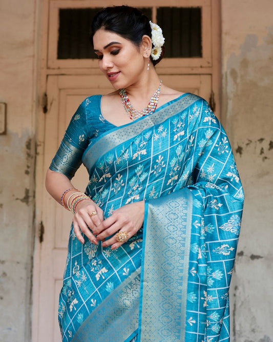 PURE SILK DIGITALLY PRINTED SAREE WEAVED WITH GOLDEN ZARI COMES WITH TASSELS