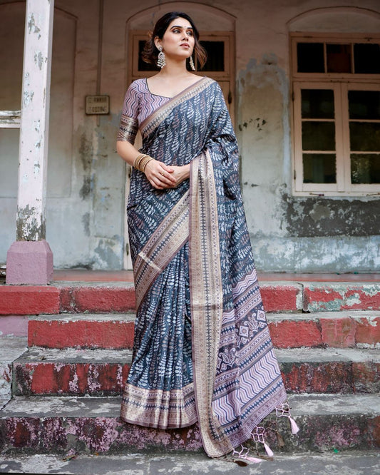 PURE SILK DIGITALLY PRINTED SAREE WEAVED WITH GOLDEN ZARI COMES WITH TASSELS