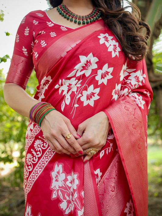 PURE SILK DIGITALLY PRINTED SAREE WEAVED WITH GOLDEN ZARI COMES WITH TASSELS