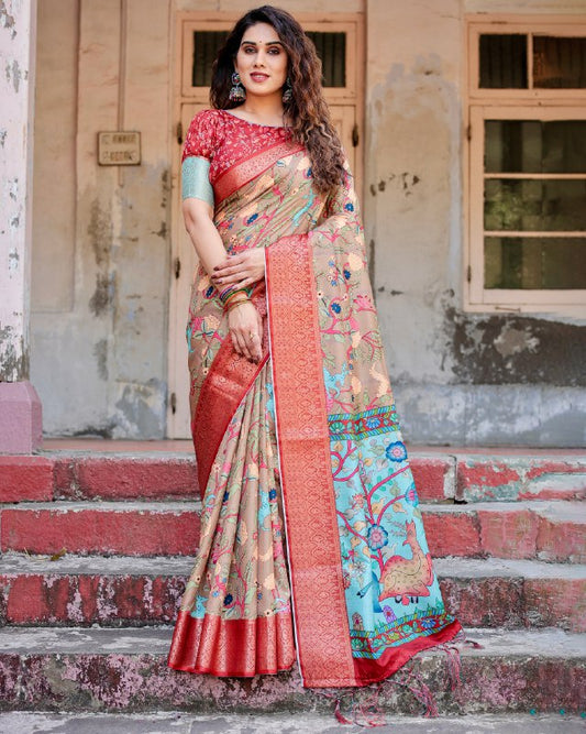 PURE SILK DIGITALLY PRINTED SAREE WEAVED WITH GOLDEN ZARI COMES WITH TASSELS