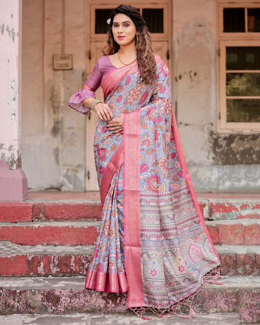 PURE SILK DIGITALLY PRINTED SAREE WEAVED WITH GOLDEN ZARI COMES WITH TASSELS