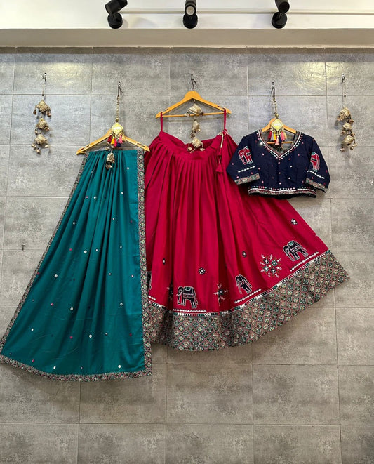 Rani Blue Fancy Digital Print Real Mirror Work Navratri Lehenga