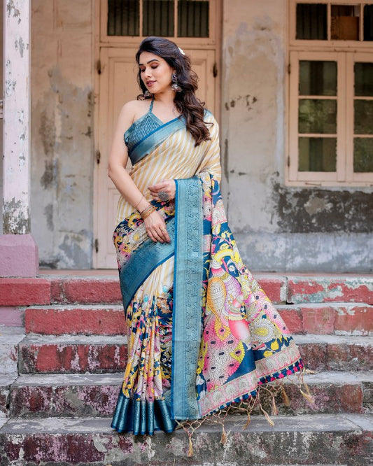 PURE SILK DIGITALLY PRINTED SAREE WEAVED WITH GOLDEN ZARI COMES WITH TASSELS