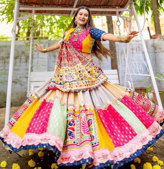 Pink Yellow Colour Fancy Digital Print Work And Real Mirror Work Navratri Lehenga Choli