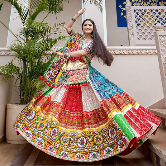 Multicolor Fancy Digital Print Soft Butter Silk and Real Mirror Work Lehenga Choli