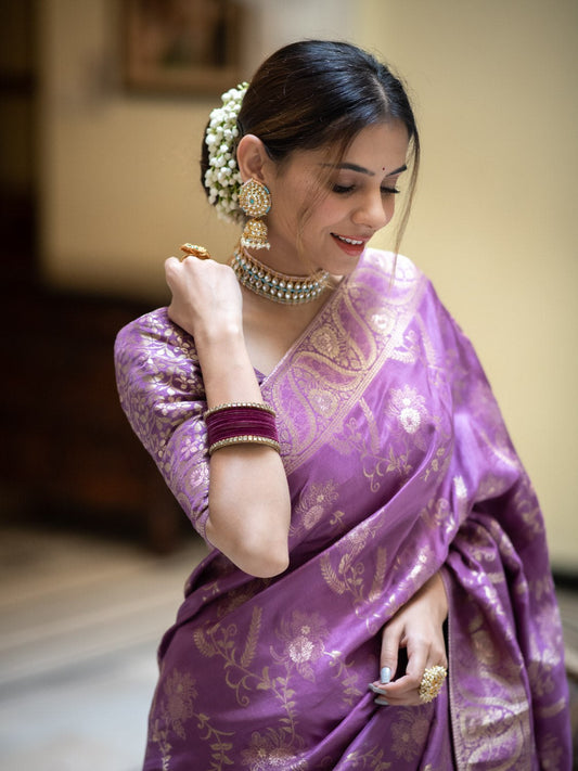 Lavender Color Pure Banarasi Golden Zari Weaving and Soft Silk Saree
