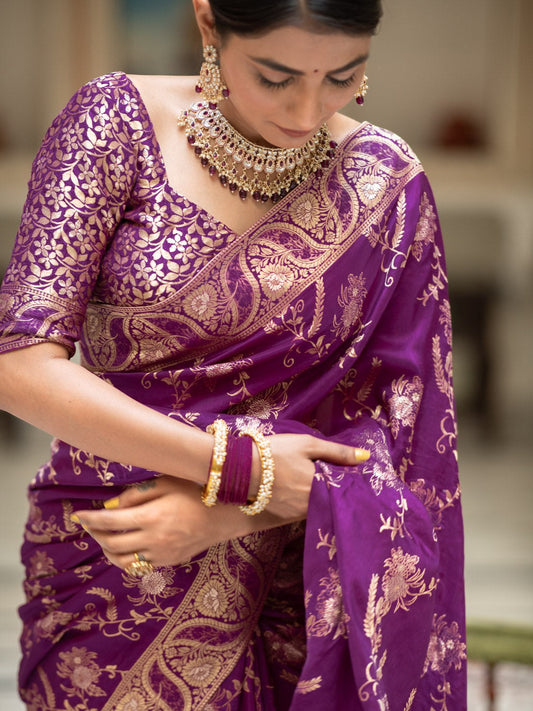 Purple Color Pure Banarasi Golden Zari Weaving and Soft Silk Saree
